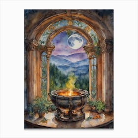 Spell Casting - Witch's Cauldron Fairytale Watercolor Art by Lyra the Lavender Witch - Pagan Witchcraft Witches Brew Potion Making on the Full Moon Magick Wicca Witchcore Gallery Feature Wall Beautiful Colorful Cottagecore Canvas Print