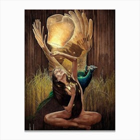 Peacock And A Woman Canvas Print