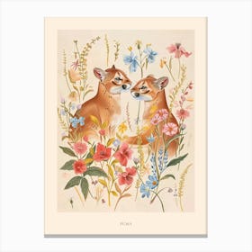 Folksy Floral Animal Drawing Puma 4 Poster Canvas Print