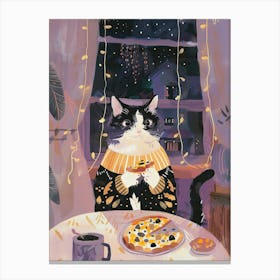 Happy Black And White Cat Pizza Lover Folk Illustration 4 Canvas Print