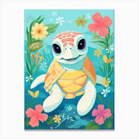 Cute Cartoon Sea Turtle And Tropical Flowers Canvas Print