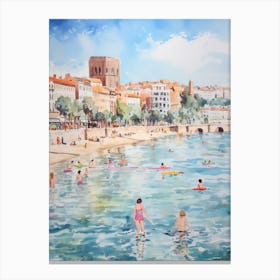 Swimming In Cannes France Watercolour Canvas Print