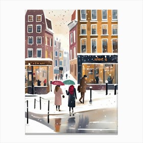 Amsterdam cafes, winter season, Christmas, autumn oil colors, pale colors, pedestrians in the street, winter clothes, falling snow.9 2 Canvas Print