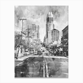 Sixth Street Austin Texas Black And White Watercolour 1 Canvas Print