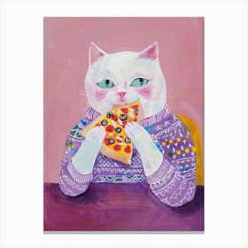 White Cat Eating Pizza Folk Illustration 1 Canvas Print