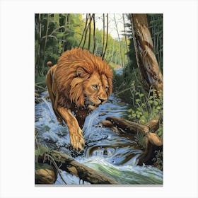 African Lion Relief Illustration Crossing A River 1 Canvas Print