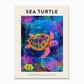 Neon Underwater Sea Turtle Poster 2 Canvas Print