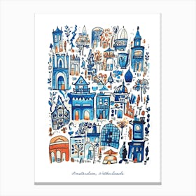 Amsterdam Netherlands Landmarks Illustration Line Art Travel Blue Canvas Print