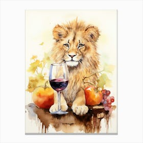 Tasting Wine Watercolour Lion Art Painting 3 Canvas Print