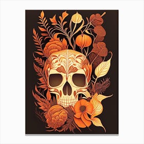 Skull With Intricate Linework 1 Orange Botanical Canvas Print