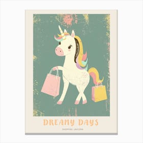 Pastel Storybook Style Unicorn With Shopping Bags 2 Poster Canvas Print