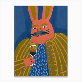 Hare Rabbit With Mustache and A Glass Of Wine Canvas Print