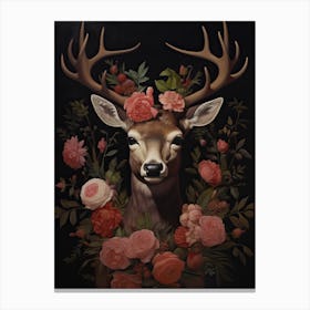 Deer Portrait With Rustic Flowers 2 Canvas Print