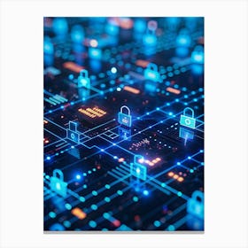 Digital Grid With Glowing Lock Icons And Data Streams Representing Cybersecurity Canvas Print