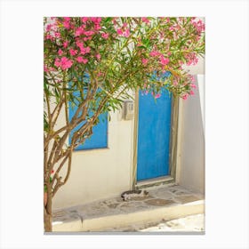 Pink Oleander And Blue Door In Paros 1 Canvas Print