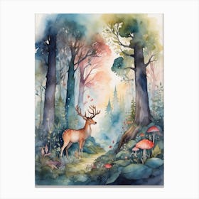 Watercolor Deer In The Forest Canvas Print