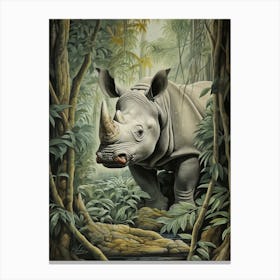 Grey Rhino Walking Through The Leafy Nature 3 Canvas Print