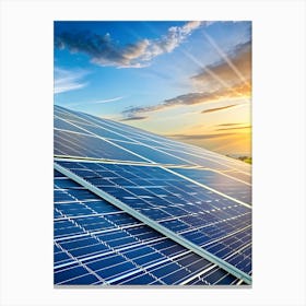 Rows Of Solar Panels Angled Towards The Setting Sun In A Field With A Dramatic Sky Canvas Print