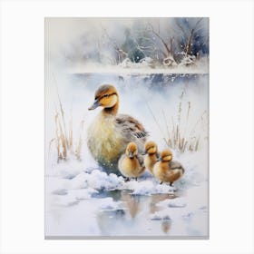 Ducklings & Mother In The Snow Watercolour  4 Canvas Print