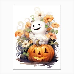 Cute Ghost With Pumpkins Halloween Watercolour 61 Canvas Print
