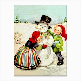 Kids Couple And A Snowman, Holiday Greeting Canvas Print