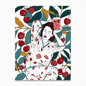 Woman Portrait With Cherries 10 Pattern Canvas Print