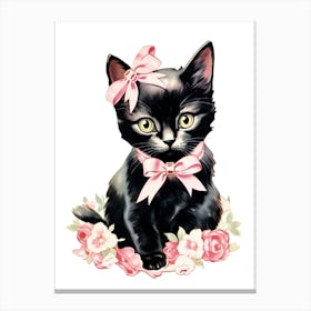 Vintage Cat  Pink Flowers Kitsch Canvas Print