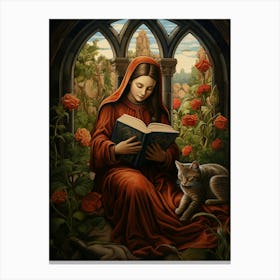 Cat In Floral Garden Whilst Person Reads Book In Medieval Robes Canvas Print