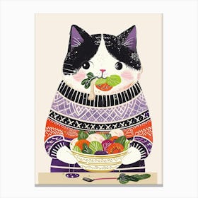 Black And White Cat Eating Salad Folk Illustration 1 Canvas Print