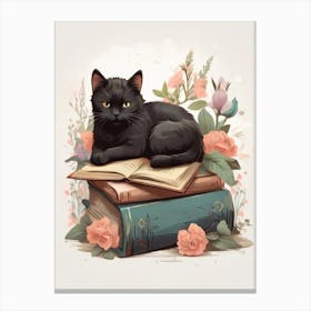 Black Cat On Books Canvas Print