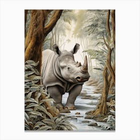 Rhino In The Stream Deep In The Forest Realistic Illustration 1 Canvas Print