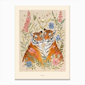 Folksy Floral Animal Drawing Tiger 5 Poster Canvas Print