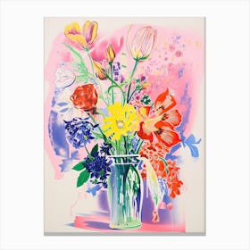 Colourful Bouquet Of Flowers In Risograph Style 1 Canvas Print