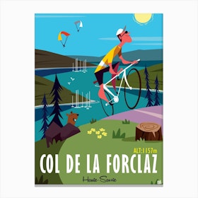 Col De La Forclaz Cycling Poster Green & Blue Canvas Print