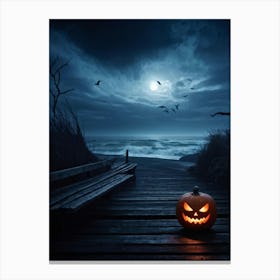 Halloween Themed Coastal Landscape During Dusk Featuring A Jack O Lantern With A Glowing Eye Perched (4) Canvas Print