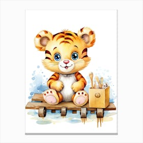 Baby Tiger On A Toy Car, Watercolour Nursery 6 Canvas Print