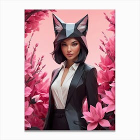 Low Poly Fox Girl,Black And Pink Flowers (19) Canvas Print