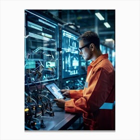 Cyber Industrial Factory With An Ai Manager Overseeing A Network Of Robotic Welding Arms And Automat (5) Canvas Print