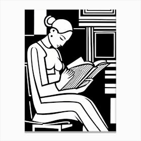 Reading A Book Linocut Black And White Painting, 323 Canvas Print