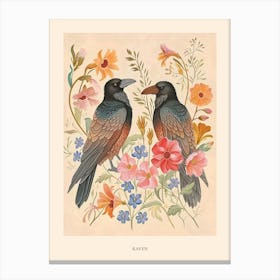 Folksy Floral Animal Drawing Raven 6 Poster Canvas Print