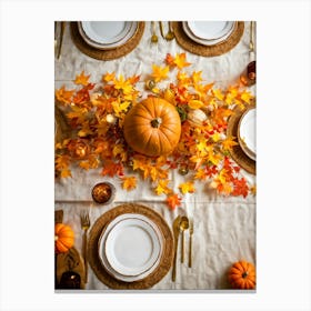 Autumn Themed Dinner Table Centerpiece Of Intertwined Golden Orange Pumpkin Vines Scattered Leaves (3) Canvas Print