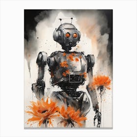 Robot Abstract Orange Flowers Painting (15) Canvas Print