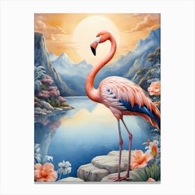 Floral Blue Flamingo Painting (51) Canvas Print