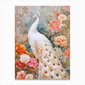 White Floral Watercolour Peacock Canvas Print