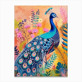 Folky Peacock In The Wildflowers Canvas Print