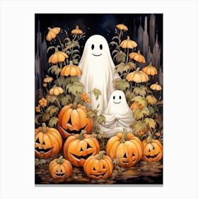 Cute Bedsheet Ghost, Botanical Halloween Watercolour 109 Canvas Print