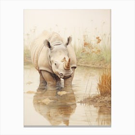 Vintage Illustration Of A Rhino In The Lake  2 Canvas Print
