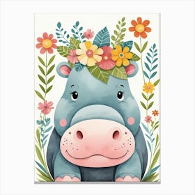 Floral Baby Hippo Nursery Illustration (8) Canvas Print