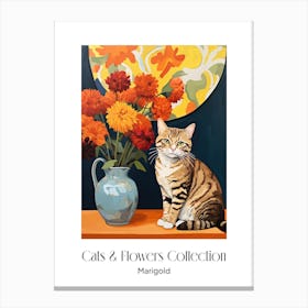 Cats & Flowers Collection Marigold Flower Vase And A Cat, A Painting In The Style Of Matisse 6 Canvas Print