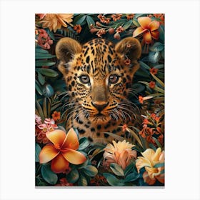 A Happy Front faced Leopard Cub In Tropical Flowers 14 Canvas Print
